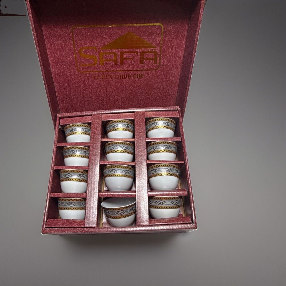 Vintage SAFA 12 Pcs Cawa Cup Set Arabic Coffee Cups White Gold Grey With Box